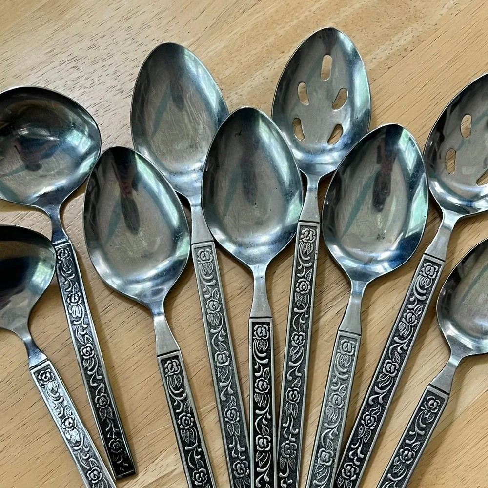 9pc Nasco Stainless Castellano Rose Floral Serving Spoon Ladle Set Korea Vintage